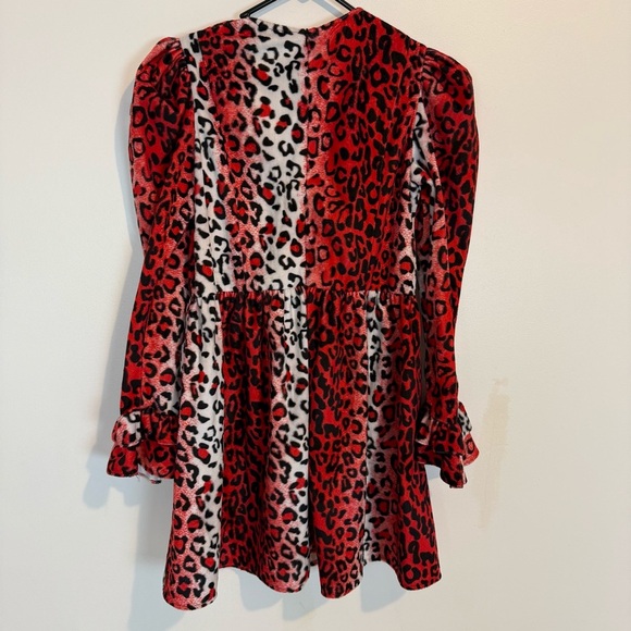BATSHEVA RUFFLED LEOPARD PRINT VELVET DRESS RED WHITE LONG SLEEVE SZ 8 POCKETS - Picture 5 of 9